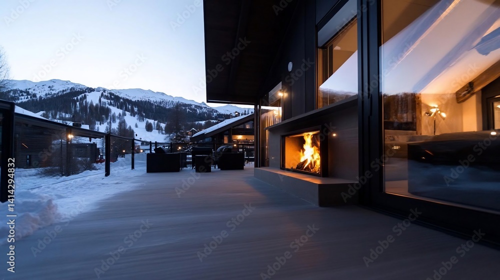 Aufkleber Exterior dusk view of a modern building with a lit fireplace reflecting in the window. Snow covered terrace with mountain in the background