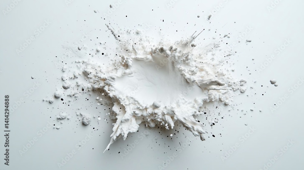 Fototapete Abstract explosion of white powder and dark particles against a light background. Visuals include a central mass with radiating splatters and subtle textures