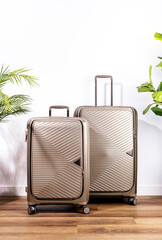 Elegant beige plastic suitcases on wheels in aroom with tropical plants, ready for summer trip or...