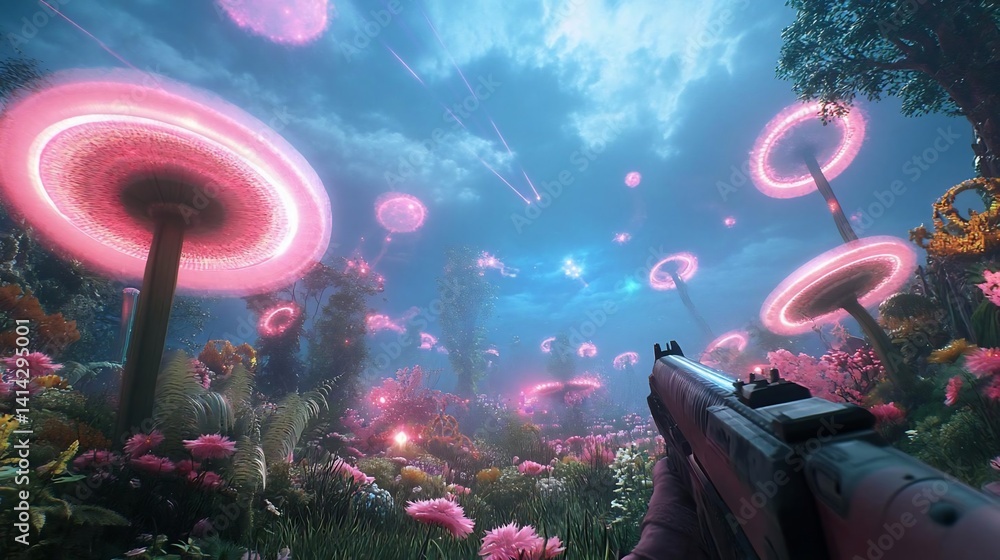 Aufkleber surreal landscape with glowing pink mushroom-like structures under a bright blue sky. a first-person