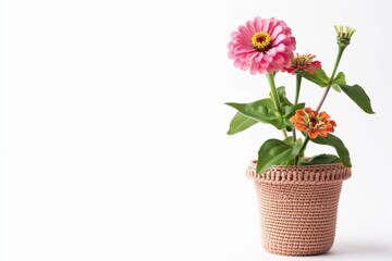Vibrant zinnias blooming in a handcrafted pot against a minimalist white background isolated on transparent background