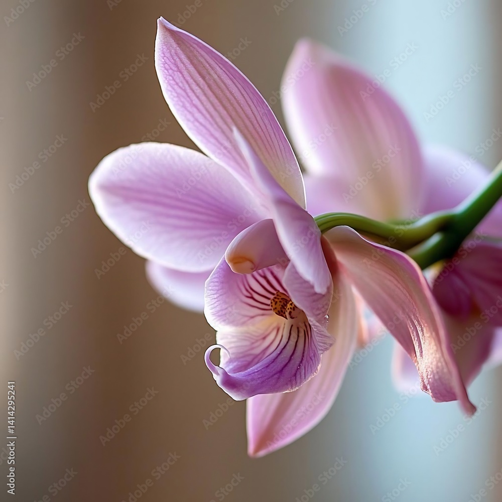Poster Close-up of a delicate pink orchid blossom showcasing intricate textures and lines against a blurred backdrop highlighting its graceful form and subtle color gradients