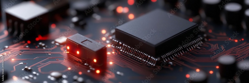Poster Macro close up of a computer circuit board with a focus on microchips and glowing red circuit lines against a dark background illustrating technology