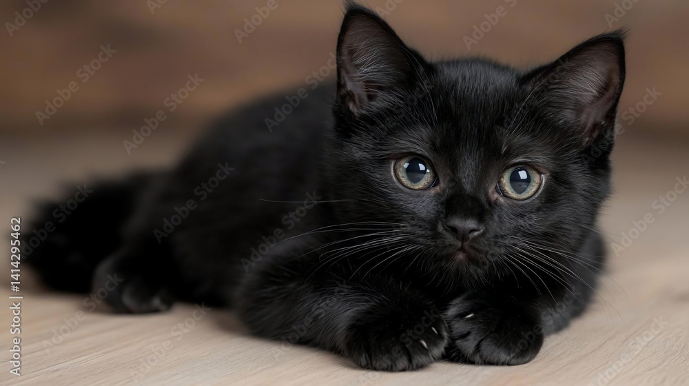 Poster a close-up of a cat lying down with focused eyes on a blurry background. the cat is fluffy with deta