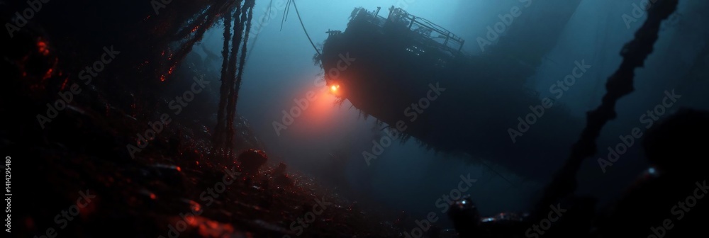 Poster an eerie underwater scene with a massive structure casting a long shadow a solitary red light illumi