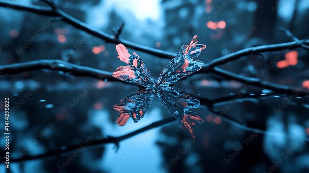 Poster Abstract image featuring a reflective surface with a central, coral-colored, crystallized element set against a blurred, blue-toned background, emphasizing texture and contrast