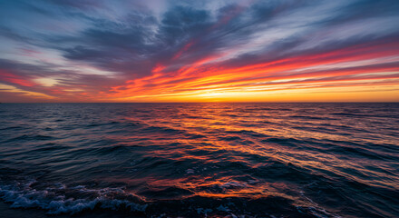 Fototapeta premium Sunset Over Ocean with Colorful Sky and Water Reflections