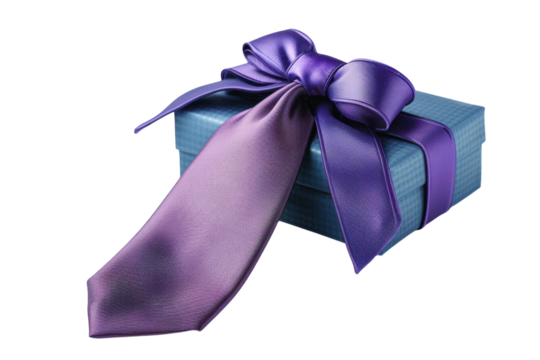 A beautifully wrapped gift box featuring a vibrant purple tie in an elegant presentation isolated on transparent background