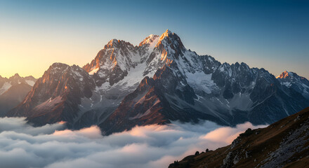 Obraz premium Majestic Mountain Peaks Above Clouds at Sunset with Golden Light