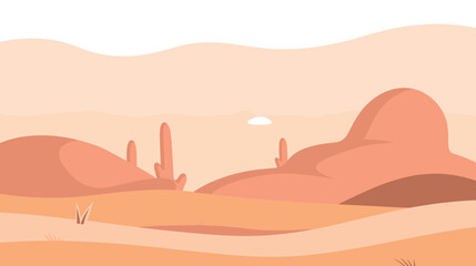 Desert landscape with sand dunes and cacti under clear sky flat vector illustration