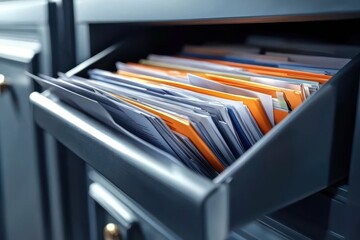 A close-up view of a file drawer containing organized papers and folders in various colors, showcasing a tidy workspace.