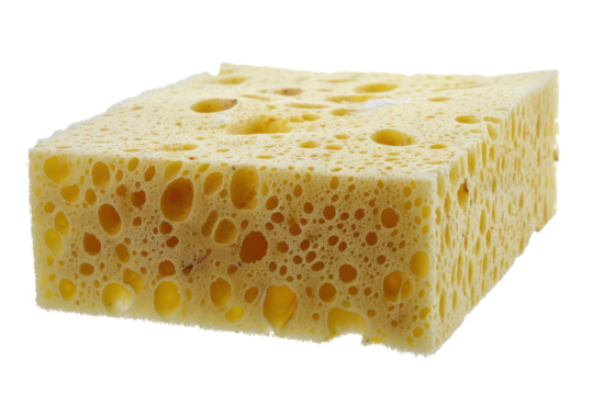 A vibrant yellow kitchen sponge rests on a clean surface, ready for daily cleaning tasks isolated on transparent background