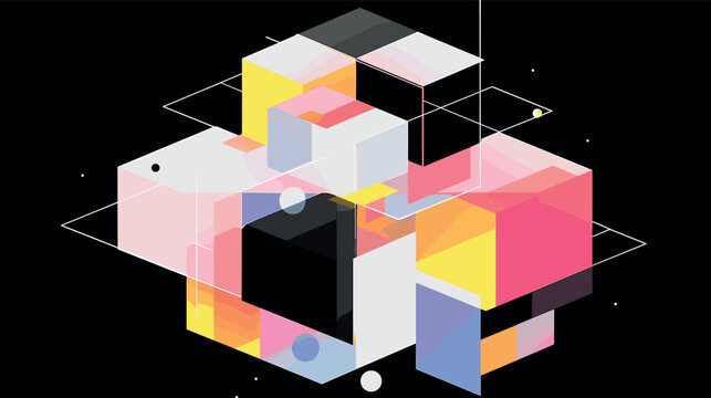 Colorful abstract geometric cubes on black background flat vector illustration