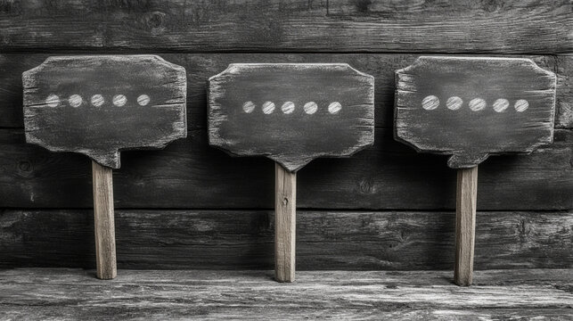 Three dark wooden signs with dots on rustic background, communication concept...