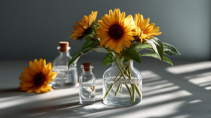 Fototapeta premium Botanical skincare innovation sunflower extract in clean cosmetic lab glassware under sunlight reflection