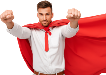 Man in superhero pose with a cape, isolated PNG cutout on transparent background, office superhero humor