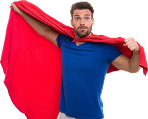 Man in superhero pose with a cape, isolated PNG cutout on transparent background, office superhero humor