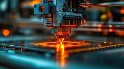 Laser cutting machine in operation, precision industrial technology, glowing detail...