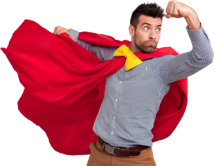 Man in superhero pose with a cape, isolated PNG cutout on transparent background, office superhero humor