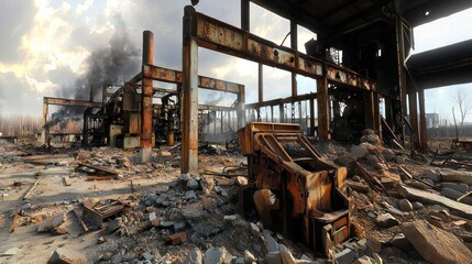 Fototapeta premium Industrial Ruins Damaged Factory Under Cloudy Sky