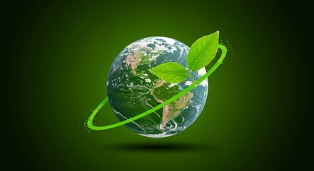 Globe with leaves & green circle. Eco-friendly, and environmentally aware.