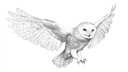 Monochrome Snowy Owl in Flight Against a White Background