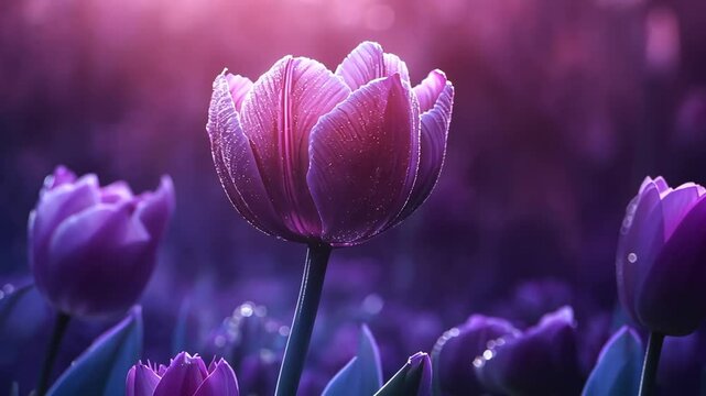 A single vibrant purple tulip stands out in a field of flowers, bathed in soft, ethereal light