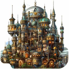 Fototapeta premium A majestic steampunk city filled with illuminated domes, intricate gears, and futuristic machinery.