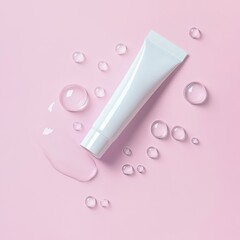 Moisturizing cream tube with droplets on soft pink background suitable for skincare promotion or advertisement