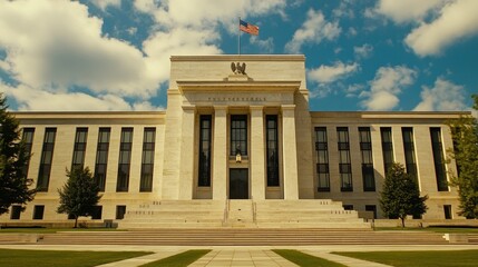 Obraz premium Historic federal reserve building with eagle emblem and american flag under blue sky