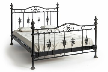 Elegant vintage iron bed frame with delicate floral patterns in a bright room during daytime isolated on transparent background
