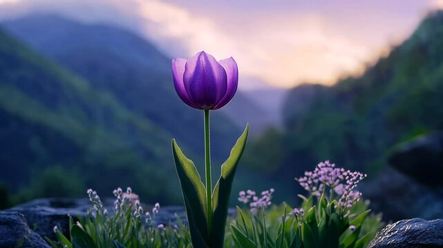 Solitary purple tulip blooms amidst mountain rocks at sunset