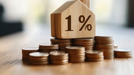 Stacked coins and wooden house shaped block with 1 percent symbol on tablet