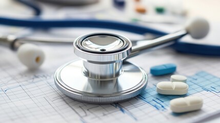 Stethoscope and pills on ecg chart in medical setting