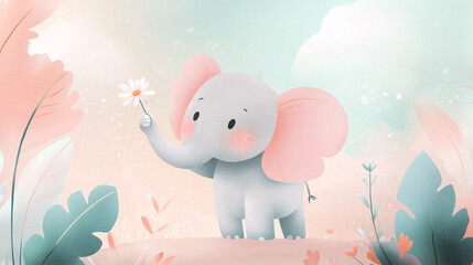 A happy baby elephant gently holding a small flower in its trunk, with a background of soft pastel tones and simple, geometric shapes that create a playful and clean illustration.