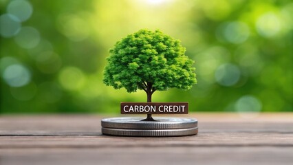 A vibrant tree symbolizes carbon credits, positioned on a coin, representing the intersection of finance and environmental sustainability.