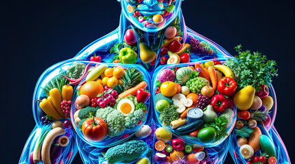 Illustration of a man's torso, inside which vegetables and fruits are depicted — a metaphor for proper nutrition, balance, healthy lifestyle and health care