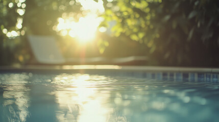 A tranquil home garden pool under natural sunlight, soft surroundings blurring into serenity. Peaceful outdoor retreat.