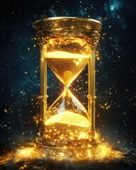 A mesmerizing golden hourglass surrounded by sparkling particles in a cosmic backdrop, symbolizing the passage of time and the beauty of fleeting moments