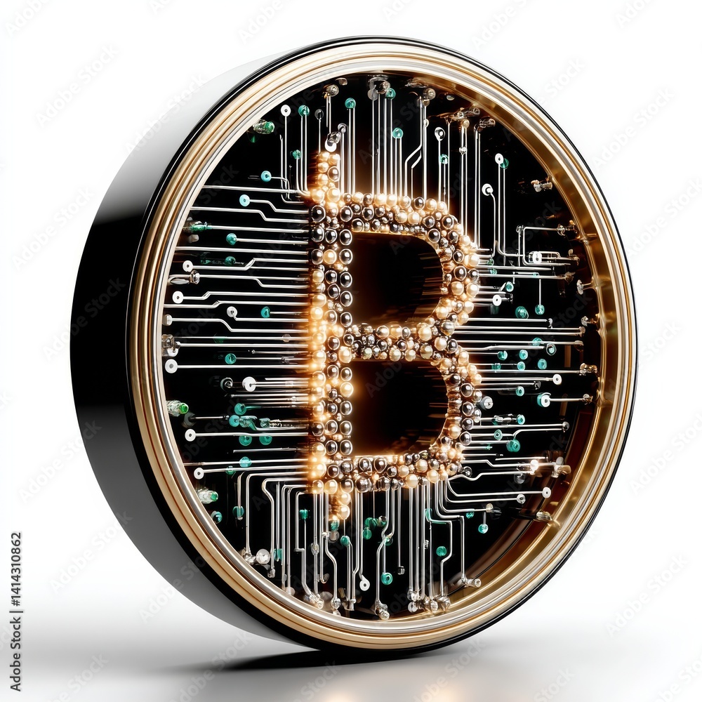 Poster Bitcoin Cryptocurrency Icon: Digital Currency Concept with Blockchain Technology and Gold Trim Circuitry