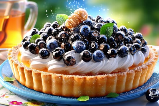 Deliciosa tarta r&uacute;stica con ar&aacute;ndanos frescos y crema esponjosa en un ambiente acogedor en un d&iacute;a soleado