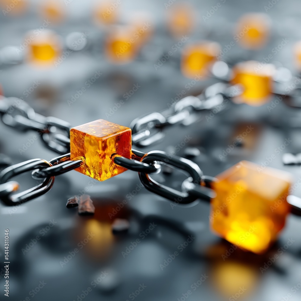 Poster Blockchain Technology: Interconnected Metallic Chains with Amber Cube Elements on a Reflective Surface