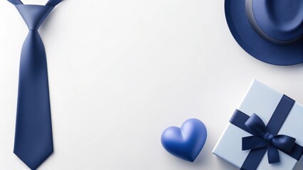 Happy father's day concept. Stylish blue accessories including a tie, hat, heart, and gift box arranged on a light background.