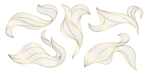 Vector set of abstract line wave elements, art deco golden swirl luxury shapes, leaves, flow water templates. Elegant modern design glitter ornaments
