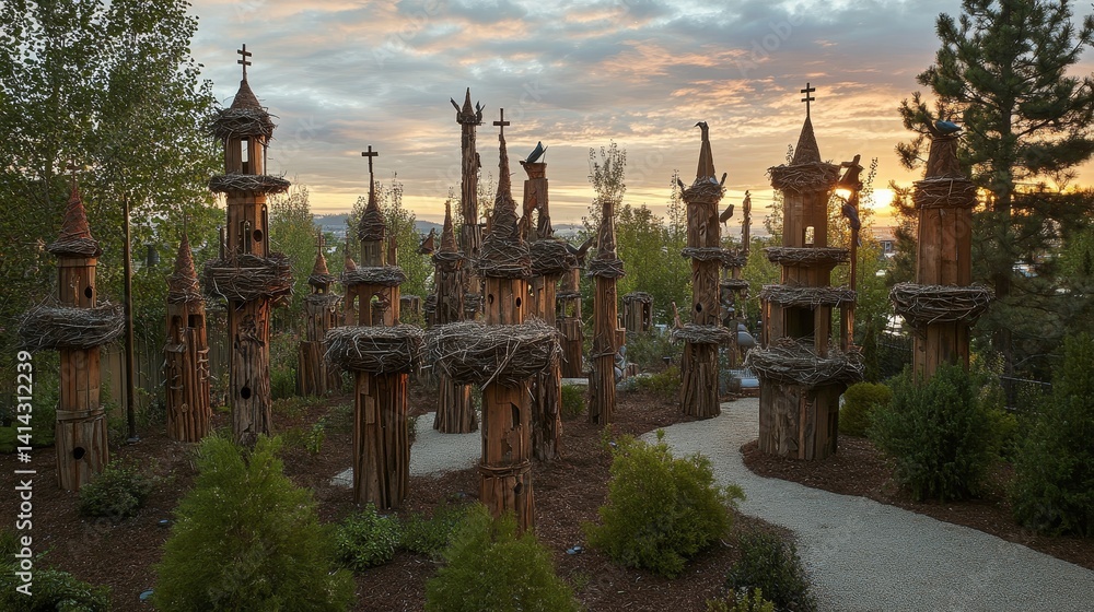 Poster wooden towers and structures in a garden setting with trees and a path.
