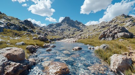 Fototapeta premium Mountain Stream in Sunny Landscape