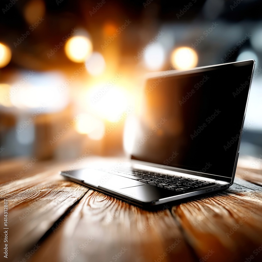 Poster sleek laptop on rustic wood: illuminated workspace featuring a modern computer on a weathered surfac