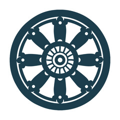 Obraz premium Dharmachakra Wheel of Dharma Simple Vector Icon Dharmachakra Wheel of Dharma with 12 spokes (symbolizing vows), centered inside a circle of 24 Tirthankaras.