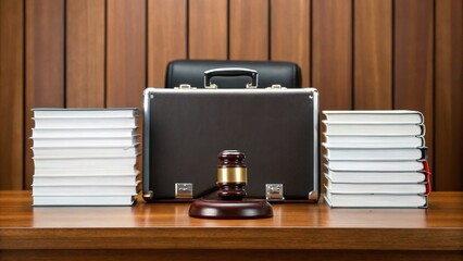 Fototapeta premium A wooden desk displays a gavel, briefcase, and stacks of legal books, symbolizing law, justice, and the legal profession.