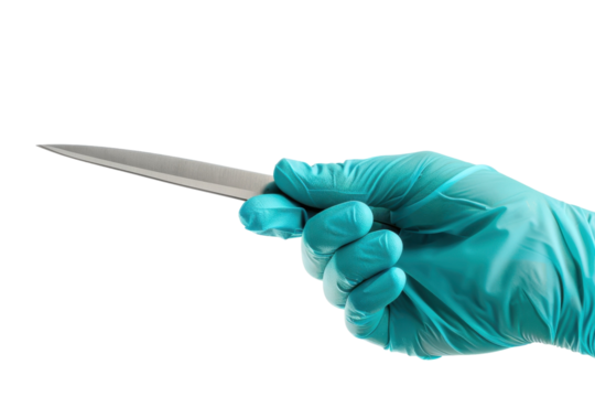 A medical professional gets ready to perform a delicate procedure with a scalpel isolated on transparent background